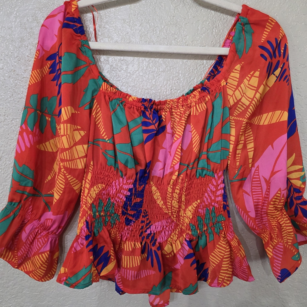Skies Are Blue Vibrant Floral Women's Crop Top With Smocking And Ruffle Sleeves
